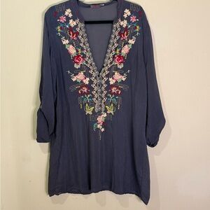 Johnny Was Beatrix Blue Embroidered V-Neck Tunic with Multicolor Floral Detail